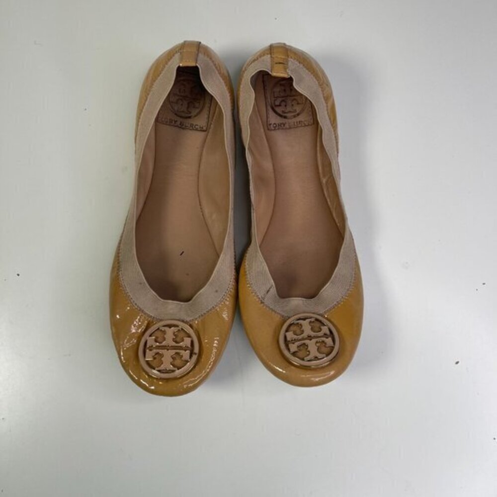 Tory Burch Women's Beige Nappa Leather/Vegan logo Caroline Ballet Flats Size 8M